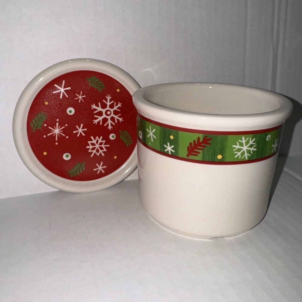 Longaberger Pottery Holiday One Pint Crock w/ Coaster / Lid Christmas Snowflake